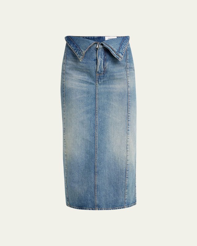 Foldover-Waist Midi Denim Skirt